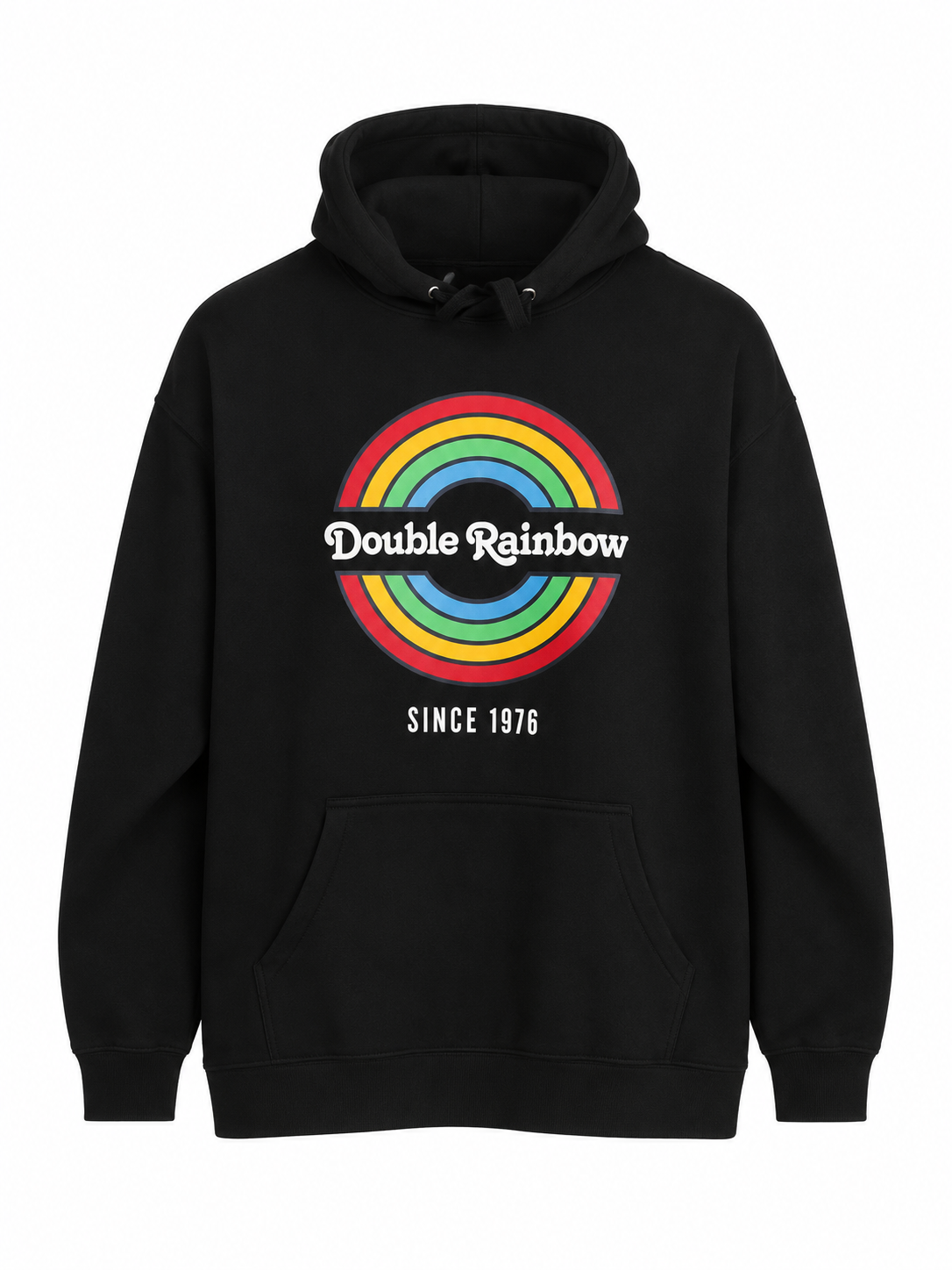 Black Graphic Pullover Hoodie with Rainbow Print