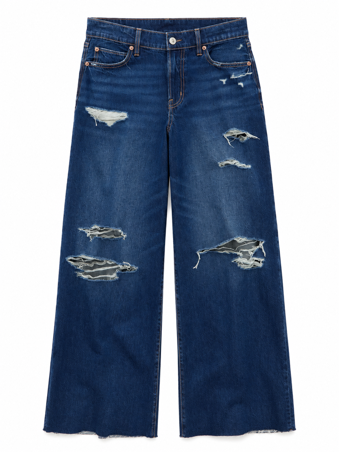 Dark Wash High Rise Wide Leg Distressed Jeans with Raw Hem